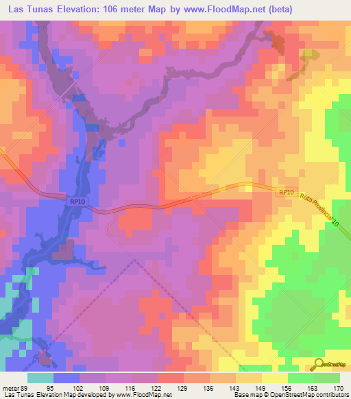 Las Tunas,Argentina Elevation Map