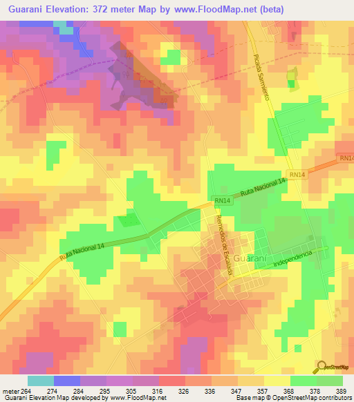 Guarani,Argentina Elevation Map