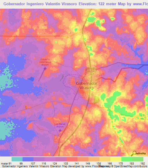 Gobernador Ingeniero Valentin Virasoro,Argentina Elevation Map