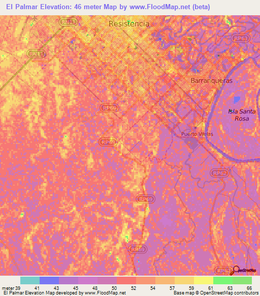 El Palmar,Argentina Elevation Map