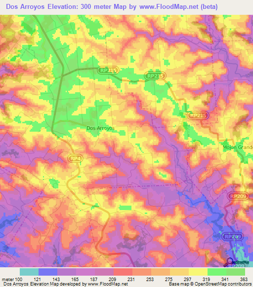 Dos Arroyos,Argentina Elevation Map