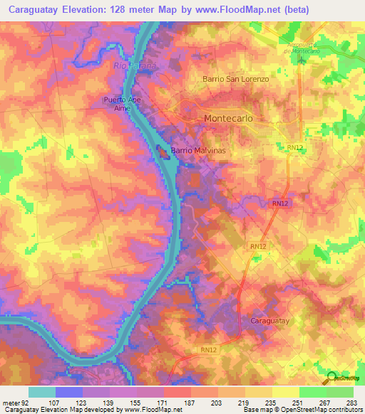 Caraguatay,Argentina Elevation Map