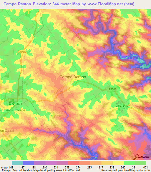 Campo Ramon,Argentina Elevation Map