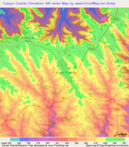 Campo Grande,Argentina Elevation Map