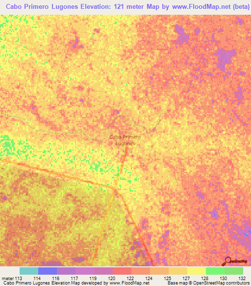 Cabo Primero Lugones,Argentina Elevation Map