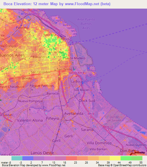 Boca,Argentina Elevation Map