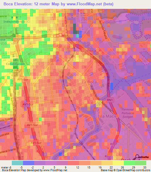 Boca,Argentina Elevation Map