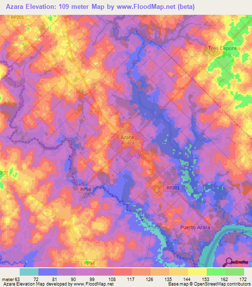 Azara,Argentina Elevation Map