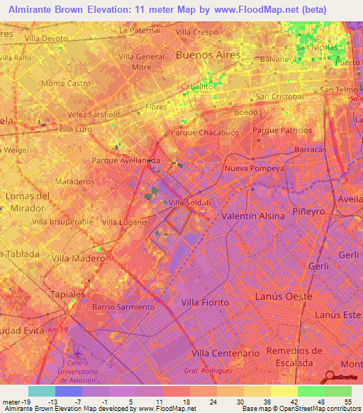 Almirante Brown,Argentina Elevation Map