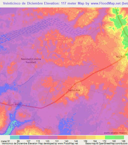 Veinticinco de Diciembre,Paraguay Elevation Map