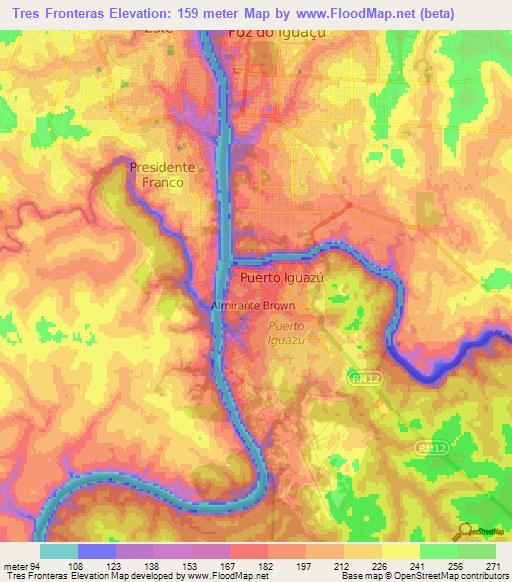 Tres Fronteras,Paraguay Elevation Map