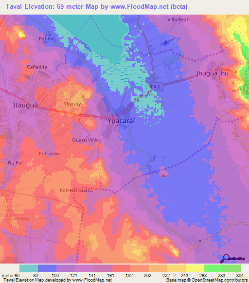 Tavai,Paraguay Elevation Map