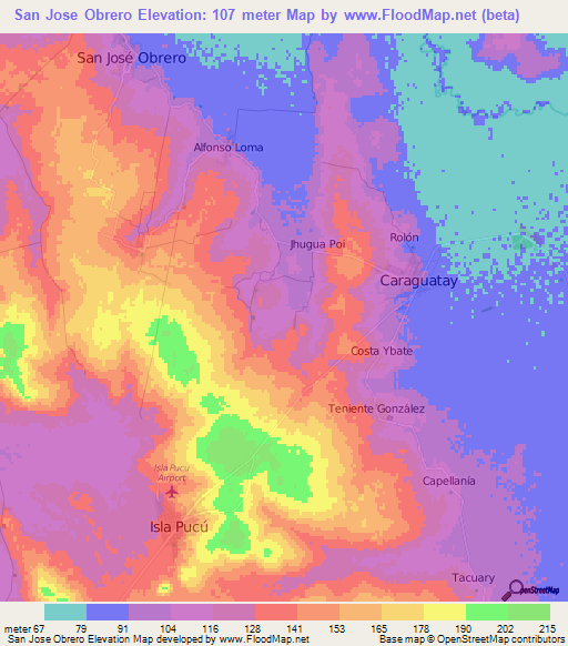 San Jose Obrero,Paraguay Elevation Map