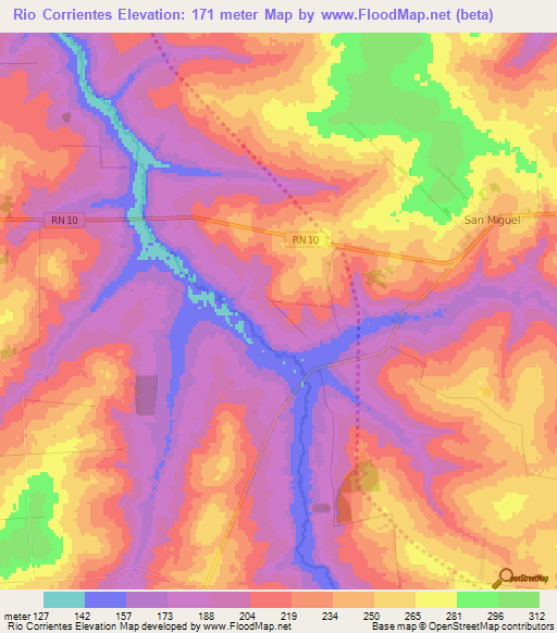 Rio Corrientes,Paraguay Elevation Map