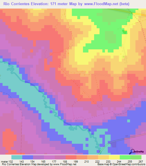 Rio Corrientes,Paraguay Elevation Map