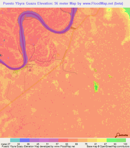 Puesto Ybyra Guazu,Paraguay Elevation Map