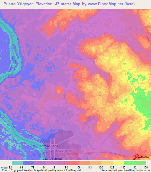 Puerto Yrigoyen,Paraguay Elevation Map