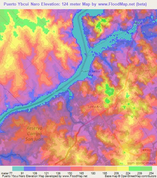 Puerto Ybcui Naro,Paraguay Elevation Map