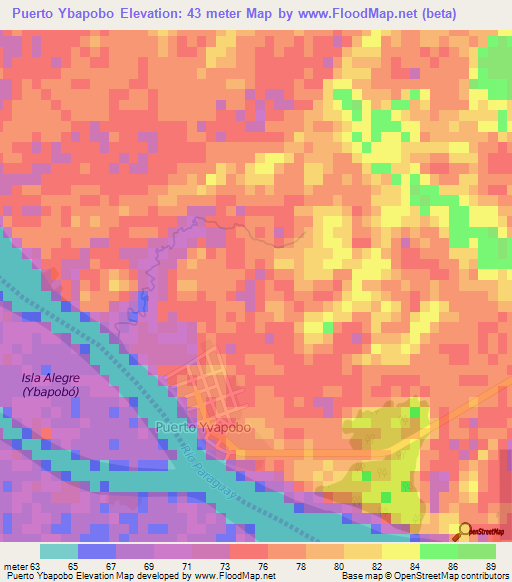 Puerto Ybapobo,Paraguay Elevation Map