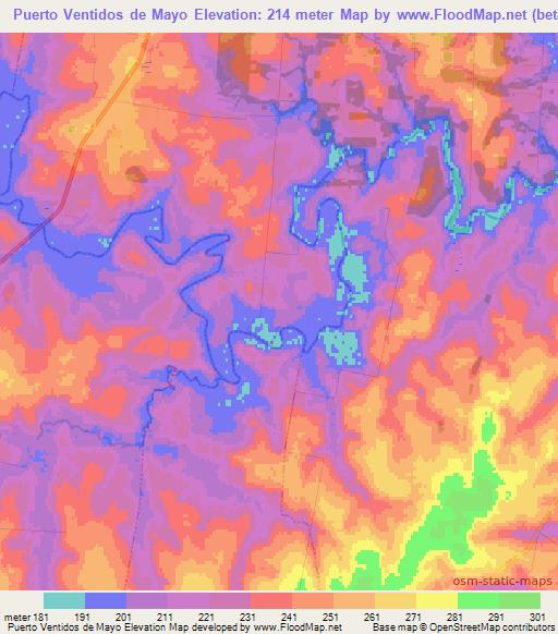 Puerto Ventidos de Mayo,Paraguay Elevation Map