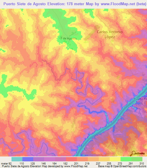 Puerto Siete de Agosto,Paraguay Elevation Map