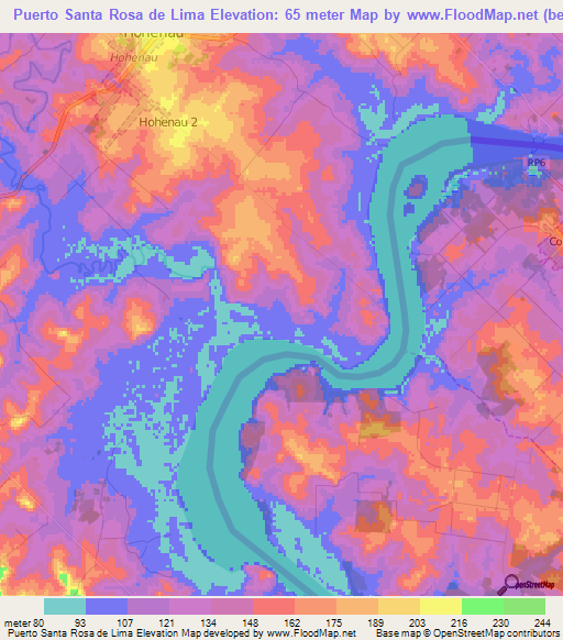 Puerto Santa Rosa de Lima,Paraguay Elevation Map