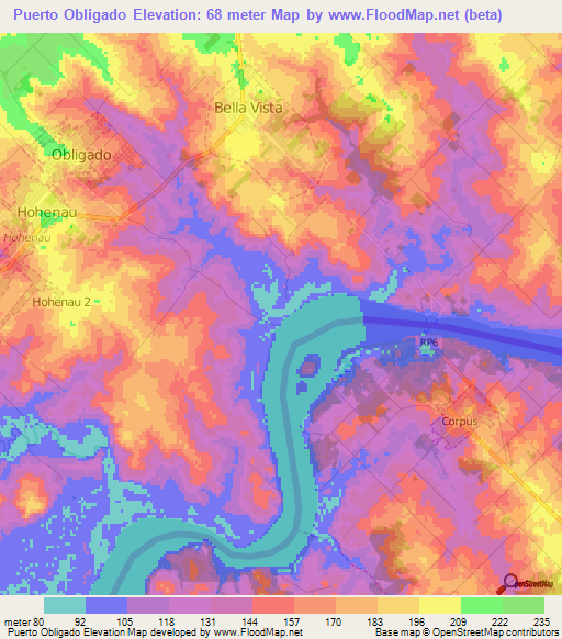 Puerto Obligado,Paraguay Elevation Map