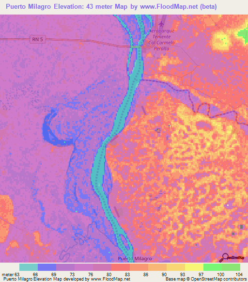 Puerto Milagro,Paraguay Elevation Map