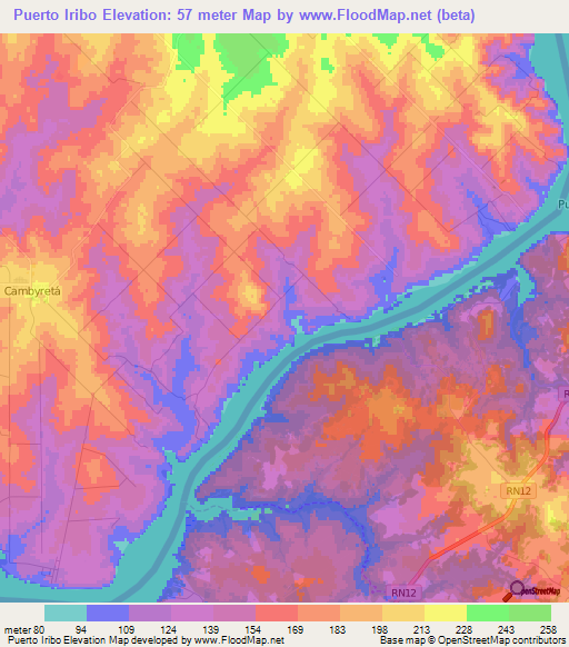 Puerto Iribo,Paraguay Elevation Map