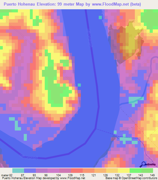 Puerto Hohenau,Paraguay Elevation Map