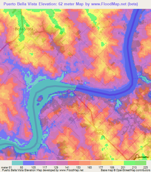 Puerto Bella Vista,Paraguay Elevation Map
