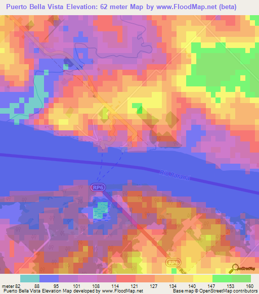 Puerto Bella Vista,Paraguay Elevation Map