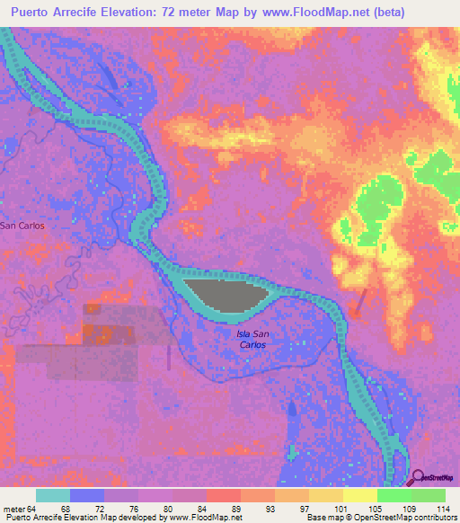 Puerto Arrecife,Paraguay Elevation Map