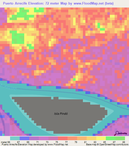 Puerto Arrecife,Paraguay Elevation Map