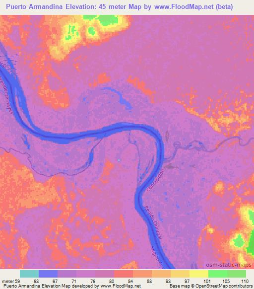 Puerto Armandina,Paraguay Elevation Map