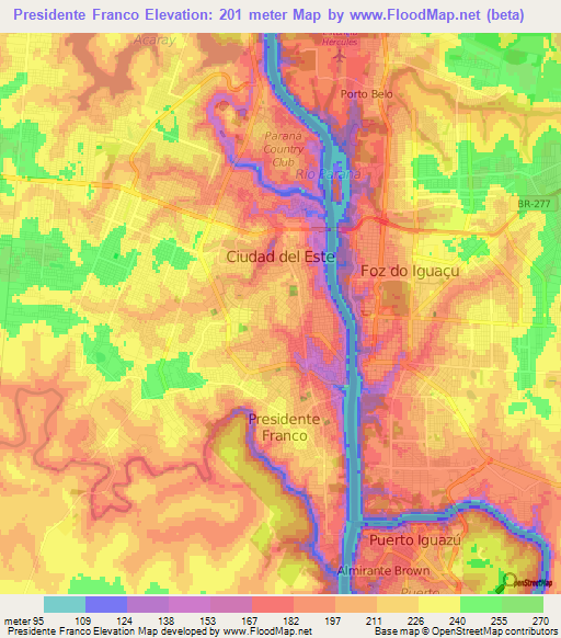 Presidente Franco,Paraguay Elevation Map