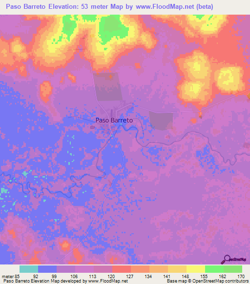 Paso Barreto,Paraguay Elevation Map