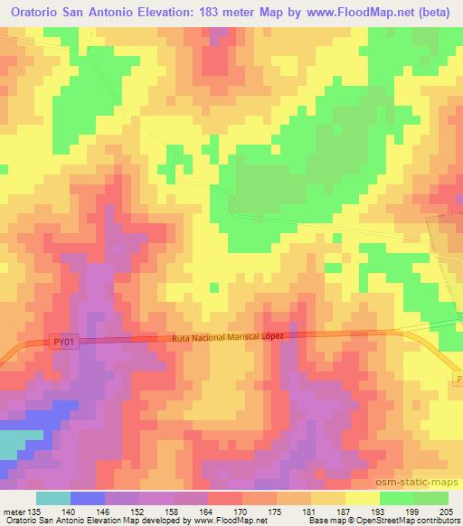 Oratorio San Antonio,Paraguay Elevation Map