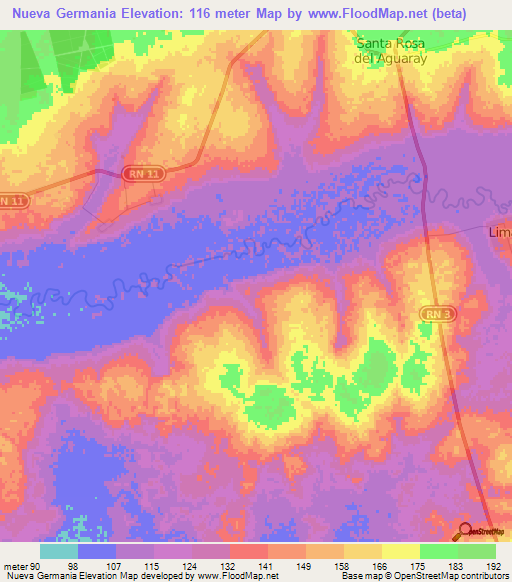 Nueva Germania,Paraguay Elevation Map