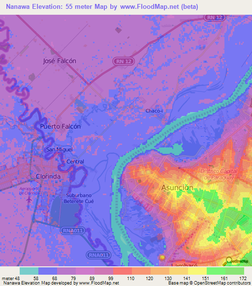 Nanawa,Paraguay Elevation Map