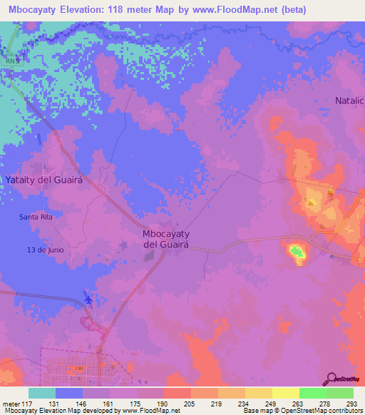 Mbocayaty,Paraguay Elevation Map