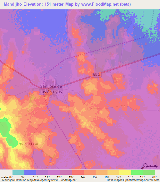 Mandijho,Paraguay Elevation Map