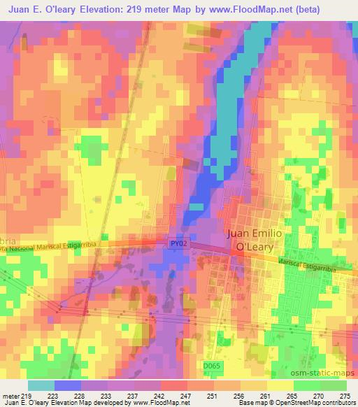 Juan E. O'leary,Paraguay Elevation Map