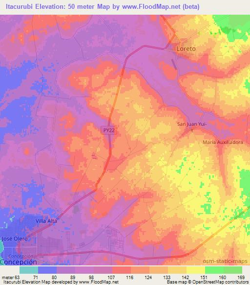 Itacurubi,Paraguay Elevation Map