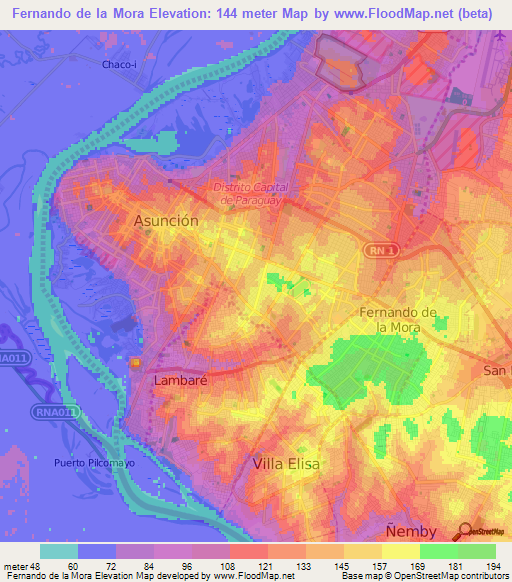 Fernando de la Mora,Paraguay Elevation Map