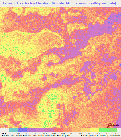 Estancia Tres Toritos,Paraguay Elevation Map