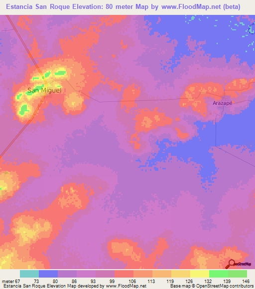 Estancia San Roque,Paraguay Elevation Map