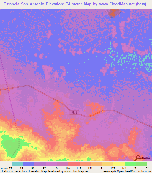 Estancia San Antonio,Paraguay Elevation Map