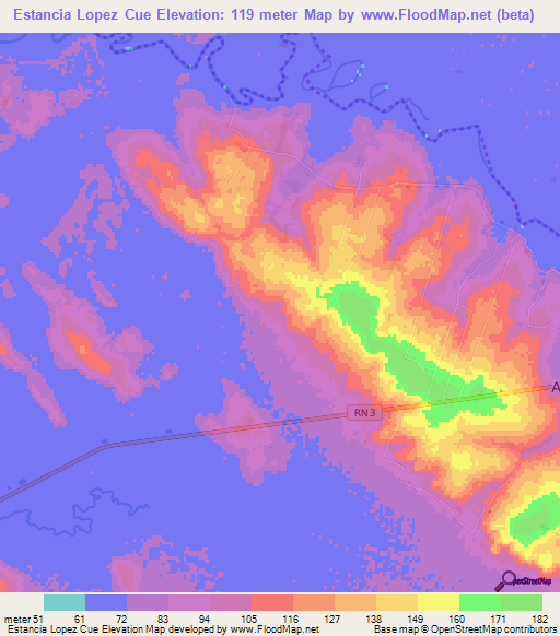 Estancia Lopez Cue,Paraguay Elevation Map