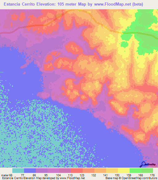 Estancia Cerrito,Paraguay Elevation Map